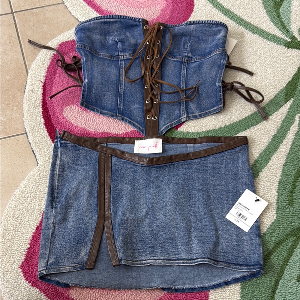 Denim Corset and Skirt Set with Brown Accents